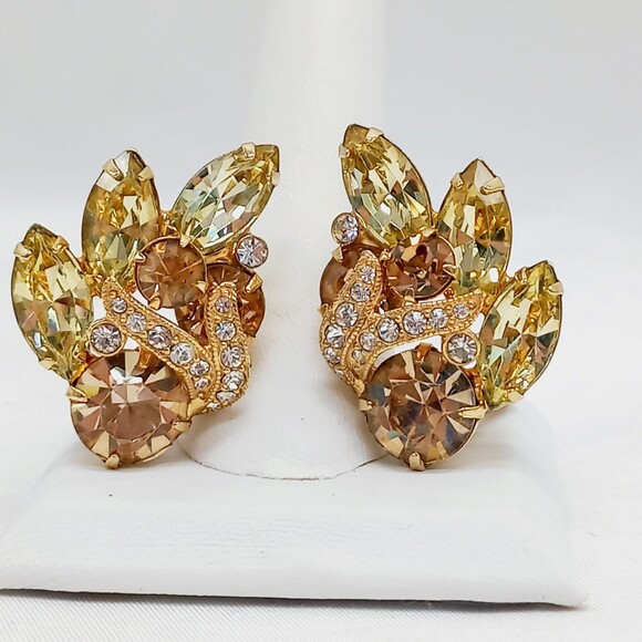 Eisenberg Ice Dazzling Earrings Champagne and Citrine Crystal Rhinestone Clip On - Picture 4 of 5